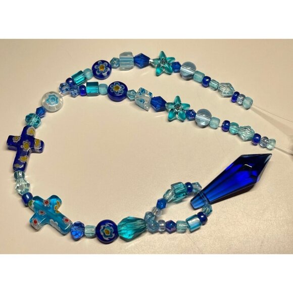Beaded Suncatcher Rearview Mirror Ornament Cross Blue Crystal Prism Car Charm - Picture 7 of 9